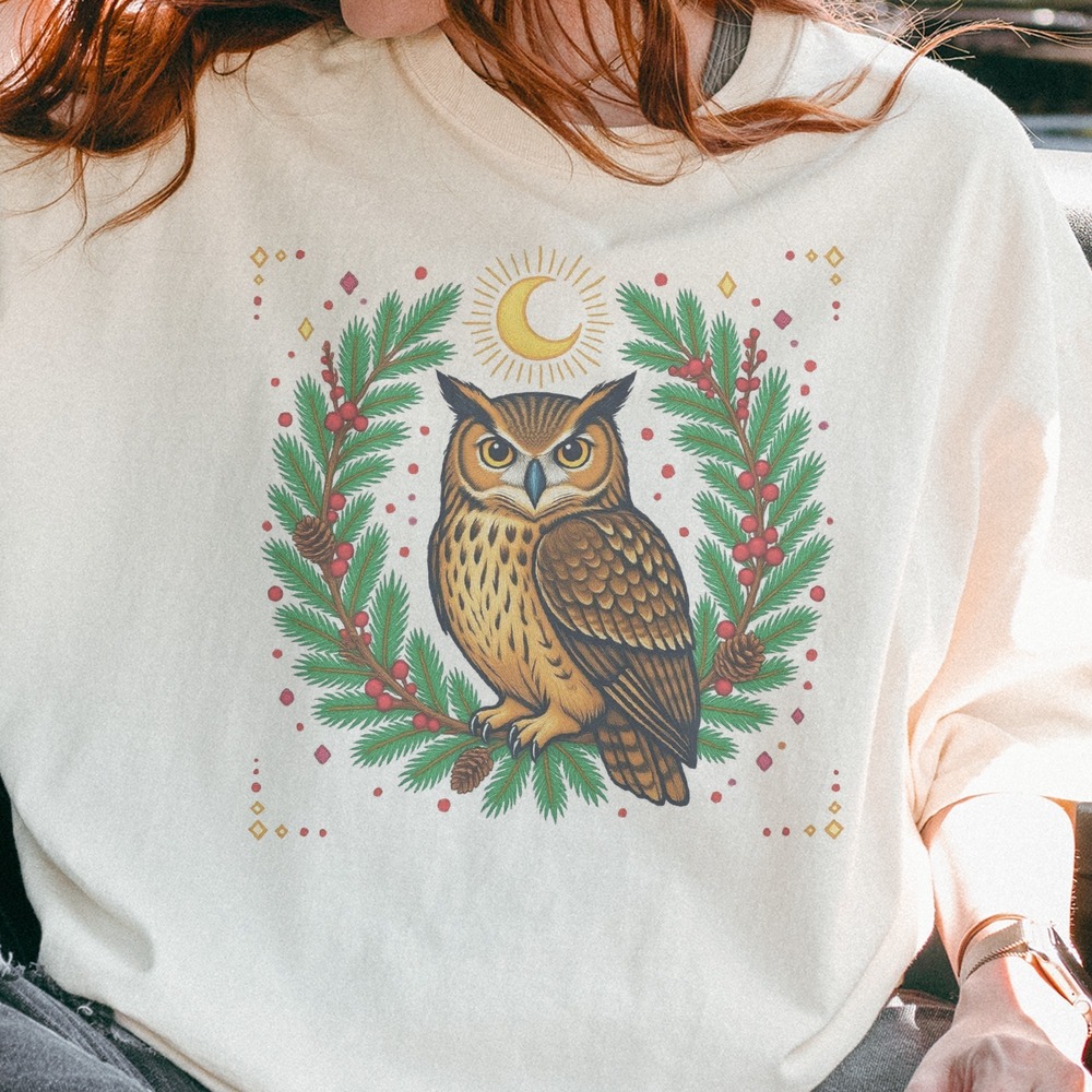 Horned Owl in Pine Wreath Under Crescent Moon Tee